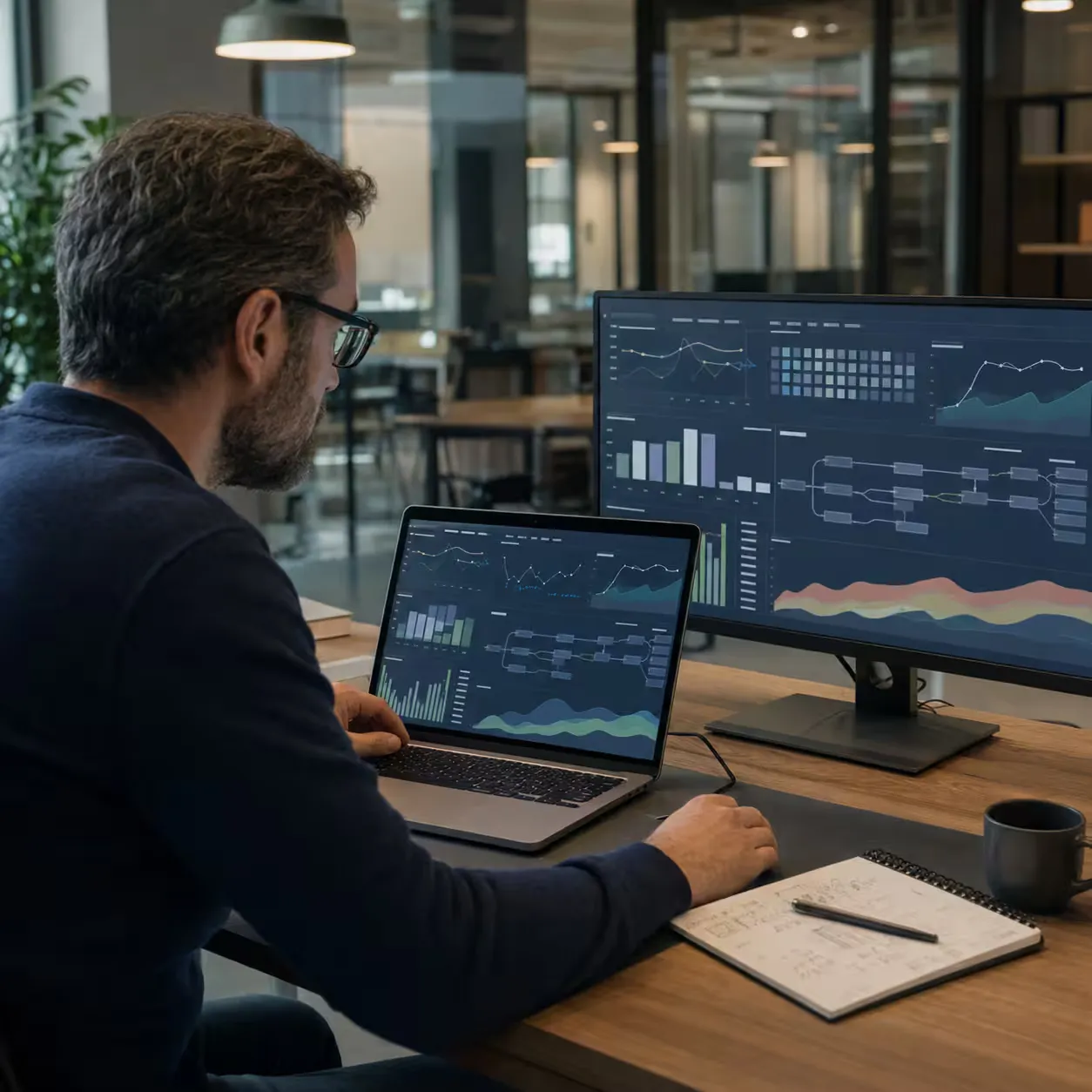 Professional reviewing a data architecture for supply chain planning. Professional reviewing a data architecture for supply chain planning.