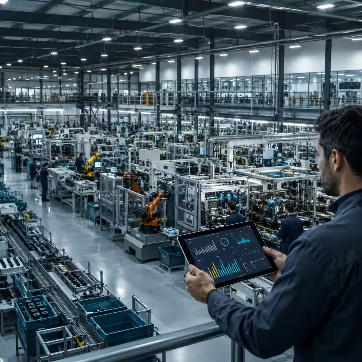 Executive analyzing operational stress testing in a production plant. Executive analyzing operational stress testing in a production plant.